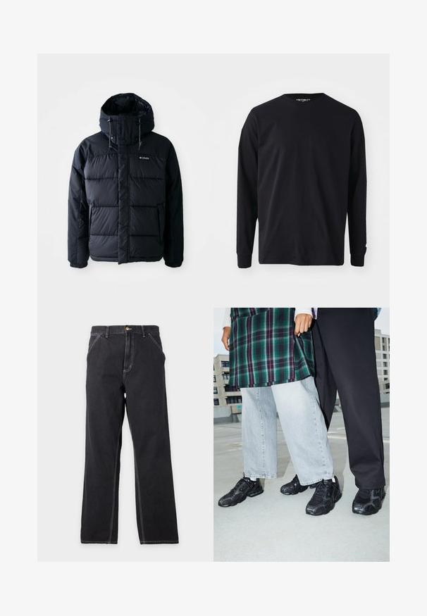 Doudoune noire avec capuche, dotée de sections matelassées, d'un col montant et de poches zippées. Fabriquée en matériau résistant à l'eau.; T-shirt noir à manches longues en coton, avec un col rond et une coupe droite, présentant un petit logo sur la manche.; Jean noir à coupe droite avec poches avant, passants de ceinture et coutures blanches visibles sur un fond gris clair uni.; Baskets de sport noires avec des accents en mesh et en caoutchouc. Portées avec un jean large gris clair et un haut à carreaux vert. Fond à surface plane.