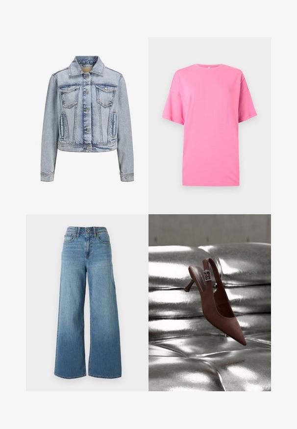 Lichtblauwe spijkerjack met een kraag, knoopsluiting aan de voorkant, twee borstzakken en een cropped ontwerp. Heeft zichtbare stikseldetails.; Felroze oversized T-shirt met korte mouwen en ronde hals, met verlaagde schouders, op een effen lichtgrijze achtergrond.; Blauwe hoog taille denim jeans met wijde pijpen, knoopsluiting aan de voorkant, ritssluiting en vijfzakkenstijl op een effen achtergrond.; Bruine puntschoen met slingback, lage hak en gespband, rustend op een glanzend, zilverkleurig, getuft oppervlak.