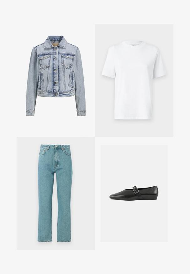 Lys blå denimjakke med krave, knaplukning foran, to brystlommer og en cropped design. Har synlige syninger.; Hvid bomulds T-shirt med rund hals, kortærmet og en glat tekstur. Designet med en afslappet pasform for komfort og alsidighed.; Lyseblå, høj talje jeans med lige ben-design. Lavet af denim, featuring forlommer og knaplukning.; Sorte læder flade sko med spidse tæer, prydet med en metallisk spænde over vristen og en lav, fleksibel sål.