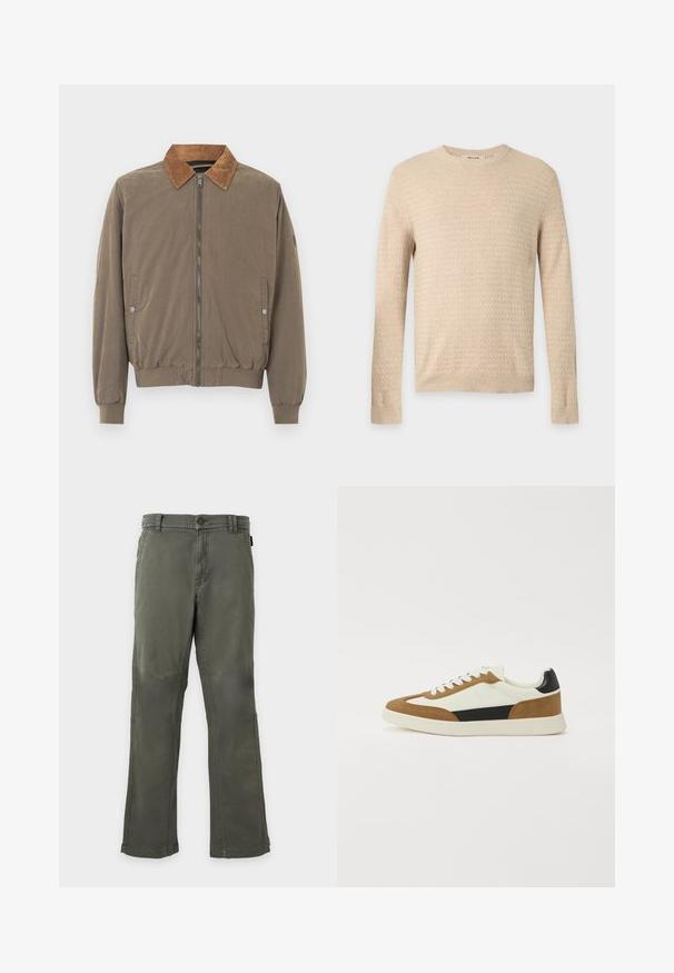 Veste aviateur marron avec col en velours côtelé, fermeture éclair à l'avant, poignets élastiques, ourlet élastiqué et deux poches latérales à boutons-pression.; Pull en maille beige à manches longues texturé avec col rond et bords-côtes aux poignets et à l’ourlet, présenté sur un fond uni gris clair.; Pantalon droit vert olive avec passants pour ceinture, bouton à l’avant et détails cousus sur fond uni.; Baskets présentant un mélange de matériaux blancs, bruns et noirs, avec un design en daim et cuir, une forme à bout rond et une semelle plate en caoutchouc.