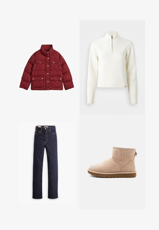 GANT ACTIVE CLOUD - Veste d'hiver - carbernet red; Pull-over blanc à col zippé et manches longues. Fabriqué en matériau tricoté doux, avec des poignets et un ourlet côtelés. Logo de la marque subtil à l'ourlet.; Jean en denim droit bleu foncé avec cinq poches et coutures orange visibles sur un fond blanc.; Bottine en daim beige à bout arrondi, avec des accents cousus et une semelle en caoutchouc brun texturé. Elle se distingue par une languette à l'arrière.
