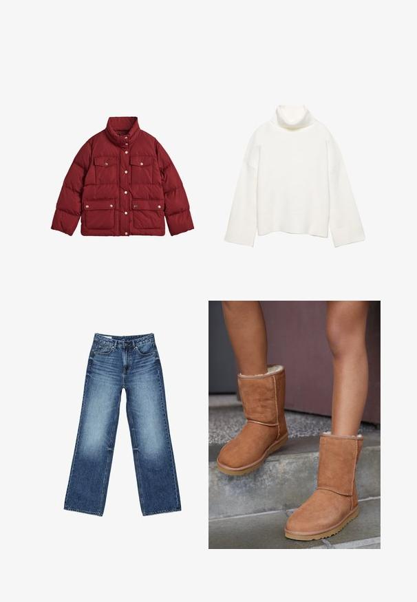 GANT ACTIVE CLOUD - Veste d'hiver - carbernet red; Pull à col roulé blanc en tissu doux, présentant une coupe décontractée, des épaules tombantes et des poignets et un ourlet larges côtelés.; Jean denim bleu à jambes larges avec poches avant et poche monnaie, fermeture à boutons, et lavage délavé sur les cuisses et les genoux.; Bottines en suede marron, à bout rond, avec une doublure douce et une semelle en caoutchouc, présentant des détails de couture visibles le long des coutures.