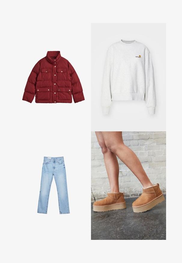 GANT ACTIVE CLOUD - Veste d'hiver - carbernet red; Sweatshirt gris à col rond en tissu doux avec des poignets et un ourlet côtelés ; présente un logo brodé sur la poitrine en jaune et bordeaux.; Jeans en denim bleu clair avec une coupe droite, un design à cinq poches et des coutures visibles. Taille mi-haute avec une fermeture classique à bouton et zip.; Bottines en suède marron avec une doublure en peluche, semelle épaisse en beige et une poignée à l'arrière. Surface texturée avec des détails de couture visibles.