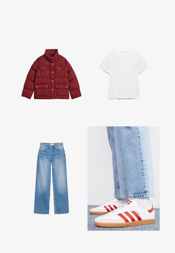 GANT ACTIVE CLOUD - Veste d'hiver - carbernet red; T-shirt blanc uni à manches courtes et col rond, avec un ourlet droit, présenté sur un fond blanc.; Jeans bleu clair à jambes larges en denim, avec une taille haute, un léger effet délavé et un design classique à cinq poches avec des accents en cuivre.; Baskets en cuir blanc avec des rayures et des accents rouges. Dotées d'une semelle extérieure en gomme texturée et d'un col rembourré. Portées avec un jean en denim bleu clair.