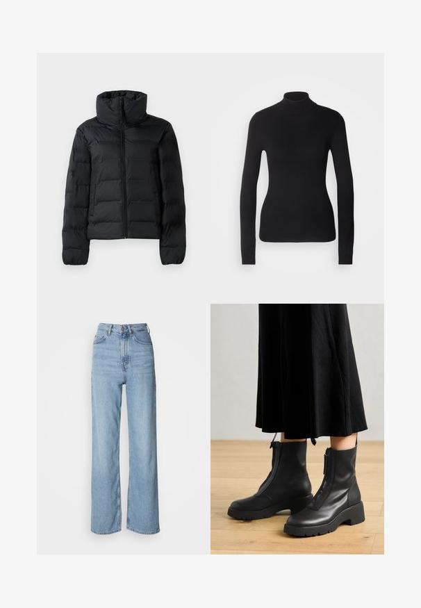 Veste matelassée noire avec un col haut, fermeture éclair sur toute la longueur, design matelassé et poignets élastiques. Texture lisse, matériau léger.; Pull à col roulé noir en maille légère. Il possède des manches longues, une coupe ajustée et une texture côtelée douce.; Jean taille haute bleu clair avec une jambe droite, en denim, présentant une fermeture à bouton sur le devant et des détails de décoloration subtils.; Bottines en cuir noir avec une semelle plateforme épaisse et une fermeture éclair à l'avant. Texture lisse avec un design minimaliste.