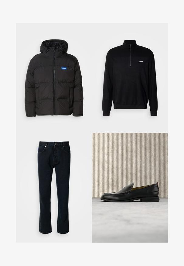 Doudoune noire avec une capuche, fermeture éclair à l'avant et deux poches latérales. Présente des panneaux cousus et un logo bleu "HUGO" sur la poitrine.; Pull-over noir avec un col zippé à mi-longueur, présentant une texture côtelée aux épaules et un petit logo blanc "BOSS" sur la poitrine.; HUGO JONAH - Jean droit - dark blue; Mocassin pour homme en cuir noir avec un dessus embossé effet croco et un petit talon, présenté de profil sur un fond neutre.
