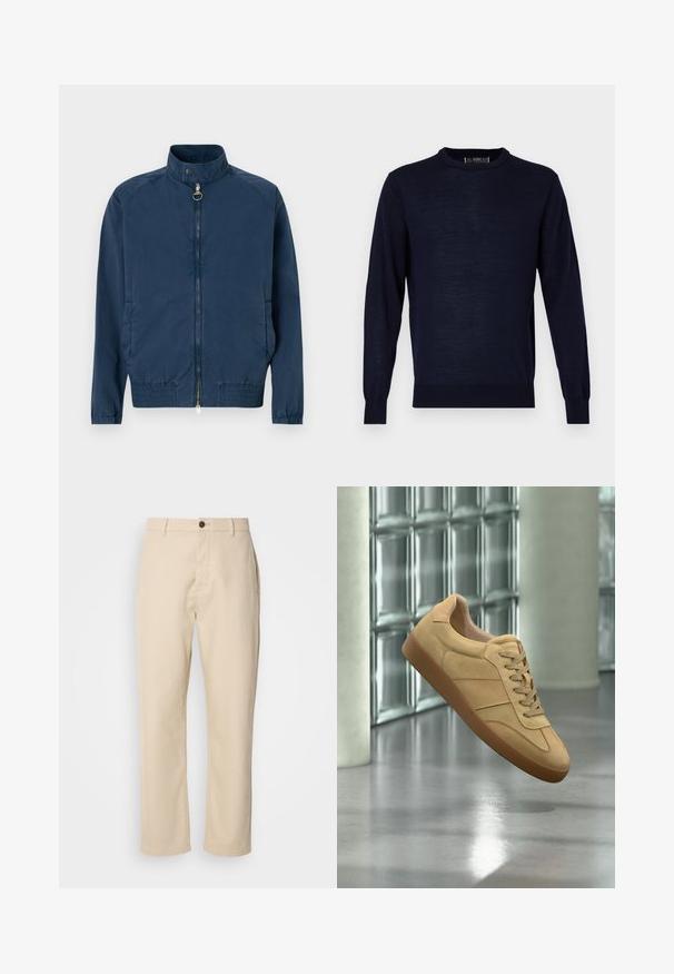 Navyblaue Bomberjacke mit hohem Kragen, Reißverschluss vorne, elastischen Bündchen und Saum. Hergestellt aus leichtem, strukturiertem Stoff.; Navyblauer Langarmpullover aus einem glatten, leichten Stoff. Mit Rundhalsausschnitt und gerippten Bündchen und Saum. Minimalistisches Design.; Beige Baumwollhosen mit geraden Beinen, einem Knopfverschluss vorne, Seitentaschen und einer glatten Textur. Minimalistisches Design, ohne sichtbare Muster.; Beiger Veloursleder-Sneaker mit Gummisohle, Schnürdesign, schwebt drinnen auf poliertem Betonboden nahe einer Glassteinwand.