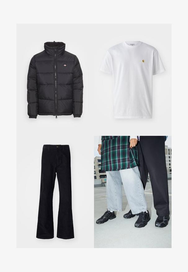 Schwarze Daunenjacke mit hohem Kragen, vorne mit Reißverschluss und elastischen Bündchen. Sie verfügt über gestickte Paneele und ein kleines Logo auf der oberen linken Brust.; Weißes Baumwoll-T-Shirt mit kurzen Ärmeln, Rundhalsausschnitt, mit einem kleinen goldenen Logo im linken Brustbereich. Weicher Stoff und normale Passform.; Schwarze, baumwollene Schlaghose mit traditionellem Bund, einem einzelnen vorderen Knopf und Taschen an den Seiten und hinten. Glatte Textur.; Schwarze Sportschuhe mit Mesh- und Gummielementen. Kombiniert mit hellgrauen weiten Jeans und einem karierten grünen Oberteil. Flacher Hintergrund.