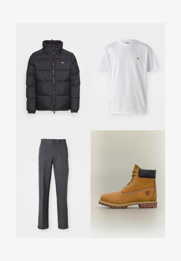 Doudoune noire avec un col montant, fermeture éclair à l'avant et poignets élastiques. Présente des panneaux cousus et un petit logo sur le haut de la poitrine gauche.; T-shirt en coton blanc à manches courtes, col rond, avec un petit logo doré sur la poitrine gauche. Texture douce et coupe régulière.; Pantalons gris foncé en mélange de coton, présentant un design à jambes droites, des poches avant et une fermeture à bouton à la taille.; Bottine en cuir marron avec col noir, lacets jaunes et semelle beige. Présente un logo et des détails de couture blanche. Semelle extérieure à traction robuste.