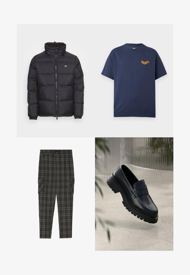 Schwarze Daunenjacke mit hohem Kragen, vorne mit Reißverschluss und elastischen Bündchen. Sie verfügt über gestickte Paneele und ein kleines Logo auf der oberen linken Brust.; Marineblaues T-Shirt mit kurzen Ärmeln und Rundhalsausschnitt, mit orangefarbenem "Dickies"-Logo auf der linken Brust.; Schwarz- und grau-karierte Cargo-Hose mit elastischem Bündchen, Seitentaschen und lockerer Passform. Hergestellt aus weichem, texturiertem Stoff.; Schwarze Lederloafer mit einer robusten profilierten Sohle, ausgestattet mit einem dekorativen Riemen und einer Stichdetail. Glatte Textur mit einem polierten Finish.