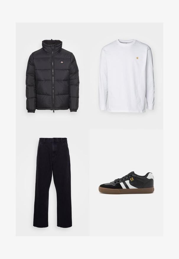 Doudoune noire avec un col montant, fermeture éclair à l'avant et poignets élastiques. Présente des panneaux cousus et un petit logo sur le haut de la poitrine gauche.; T-shirt à manches longues blanc en coton. Présente un petit logo doré sur la poitrine et un col rond. Design simple et coupe standard.; Pantalons en denim noir avec une coupe droite, dotés d'une fermeture à bouton et à zip, de passants de ceinture et de coutures minimales.; Baskets noir et blanc avec une tige en daim et en cuir, présentant des rayures blanches, des lacets noirs et une semelle en caoutchouc marron. Accents de logo dorés.