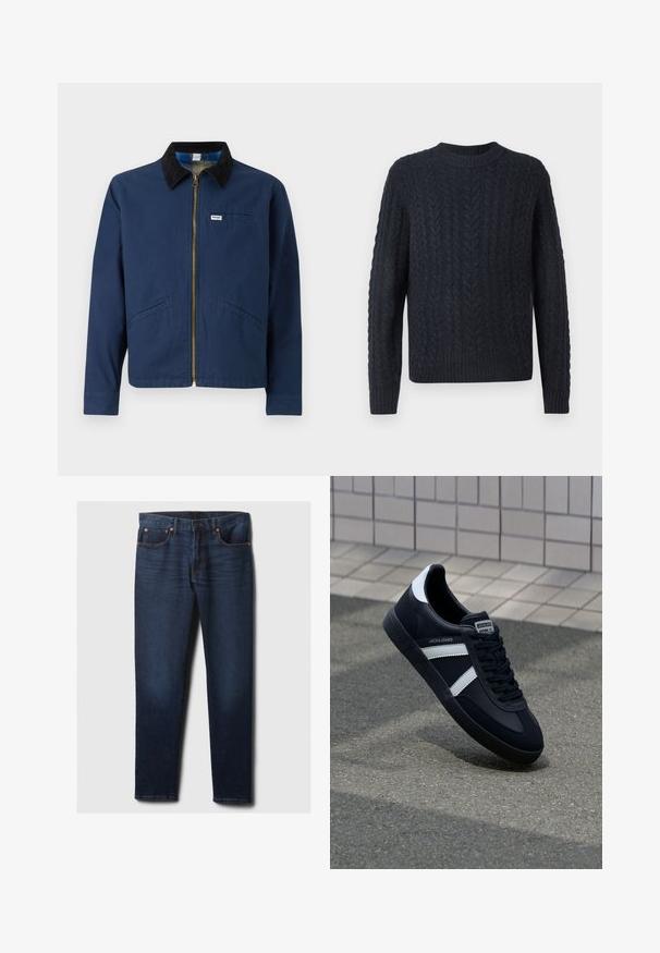 Marineblå jakke med fløjlskrave, frontlynlås, to sidelommer og et lille mærke på brystet. Bomuldsstofstruktur.; Mørkeblå strikket sweater med tekstureret kabelmønster, rund halsudskæring samt ribbet kant og ærmegab. Blødt stof, lange ærmer.; Mørkeblå slim-fit denimjeans med let falmning på frontlår, kobbernitter og klassisk fem-lomme-stil, lagt fladt på hvid baggrund.; Sort lædersneaker med hvide striber, tekstureret gummisål og snørrebånd foran. Har et brandet mærke på tungen.