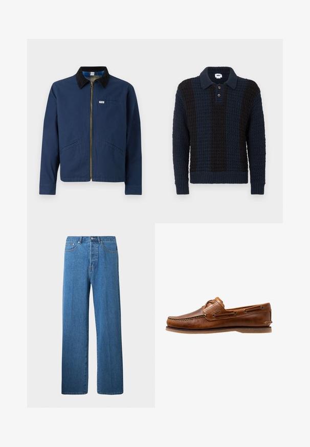 Marineblauwe jas met een corduroy kraag, voorrits, twee zijzakken en een klein merkembleem op de borst. Katoenen stof structuur.; Poloshirt in donkerblauw en zwart breimateriaal met een gestructureerd patroon, voorzien van een kraag en drie houten knopen.; Lichtblauwe denim jeans met een rechte pijp. Voorzien van vijf zakken, een knoopsluiting en minimale stikseldetails.; Brown leren botenschoen met gestikte accenten, voorzien van metalen oogjes, een verhoogde naad op de neus en een platte rubberen zool.