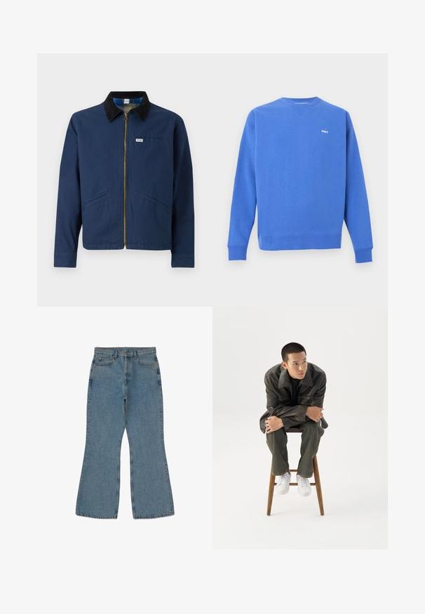 Marineblaue Jacke mit einem Cordkragen, vorderem Reißverschluss, zwei seitlichen Taschen und einem kleinen Markenetikett auf der Brust. Textur aus Baumwollstoff.; Blauer Sweatshirt aus Baumwollmischung mit gerippten Bündchen und Saum. Verfügt über ein kleines weißes "OBEY"-Logo auf der Brust. Rundhalsausschnitt.; Helle blaue, ausgestellte Jeans mit hoher Taille, sichtbaren Nähten und Fünf-Taschen-Design. Der Stoff hat eine weiche, strukturierte Oberfläche.; Junger Mann in dunkler Lederjacke und Jeans sitzt auf einem Holzstuhl, lehnt sich mit verschränkten Armen nach vorne und schaut seitlich vor weißem Hintergrund.