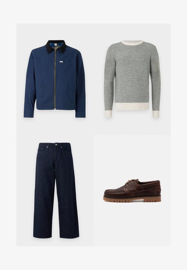Marineblaue Jacke mit einem Cordkragen, vorderem Reißverschluss, zwei seitlichen Taschen und einem kleinen Markenetikett auf der Brust. Textur aus Baumwollstoff.; Grau und creme gestreifter Pullover mit geripptem Rundhalsausschnitt und Bündchen. Hergestellt aus strukturierter Stoff, mit taillierter Passform und langen Ärmeln.; Dunkelblaue Denim-Jeans in weiter Beinform mit Knopfverschluss, Fronttaschen und subtiler Textur, geraden Säumen und einem lockeren Sitz.; Braune Lederschiffsschuh mit gestickten Details, Schnürdesign und robustem Gummisohle mit strukturierten Stollen für besseren Halt.