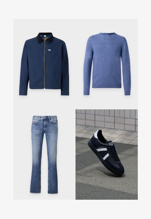 Veste bleu marine avec un col en velours côtelé, fermeture éclair à l'avant, deux poches latérales et une petite étiquette de marque sur la poitrine. Texture en coton.; Pull en tricot bleu avec un col rond, des manches longues et un ourlet côtelé. Texture douce et couleur uniforme sans motifs ni embellissements.; Jean en denim bleu clair avec un design évasé, comportant cinq poches, une fermeture à bouton à l'avant et un léger délavage sur l'ensemble.; Sneaker en cuir noir avec des rayures blanches, semelle en caoutchouc texturée et devant à lacets. Présente une étiquette de marque sur la languette.