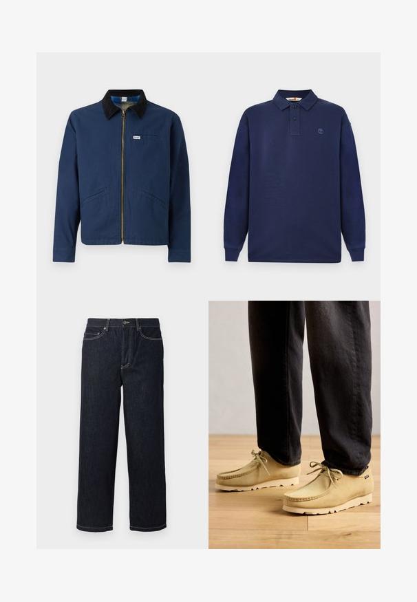 Marineblaue Jacke mit einem Cordkragen, vorderem Reißverschluss, zwei seitlichen Taschen und einem kleinen Markenetikett auf der Brust. Textur aus Baumwollstoff.; Marineblaues Langarm-Polohemd aus Baumwolle, mit einer Knopfleiste mit drei Knöpfen und einem kleinen Logo auf der linken Brust. Glatte Textur.; Dunkelblaue gerade geschnittene Jeans aus Denim mit fünf Taschen und weißen Kontrastnähten, Knopfverschluss und Gürtelschlaufen.; Beige Wildleder Schnürschuhe, die mit schwarzen Hosen auf einem Holzboden getragen werden und einen lässigen und bequemen Stil zeigen.