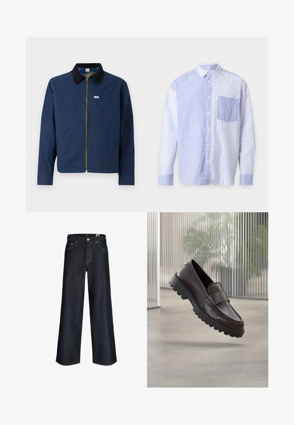Chaqueta azul marino con cuello de pana, cremallera frontal, dos bolsillos laterales y una pequeña etiqueta de la marca en el pecho. Textura de tela de algodón.; Camisa azul y blanca de manga larga con botones, con rayas verticales, direcciones contrastantes de las rayas en cada lado y un bolsillo frontal en el pecho.; Jeans vaqueros de pierna ancha en azul oscuro con botón delantero, bolsillos y costuras naranjas visibles sobre fondo blanco.; Zapato de cuero marrón tipo mocasín con punta redondeada y suela de goma negra resistente. Presenta una correa decorativa sobre el empeine.