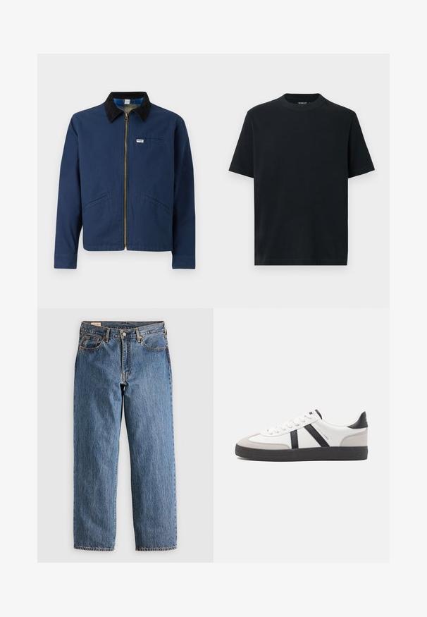 Marineblaue Jacke mit einem Cordkragen, vorderem Reißverschluss, zwei seitlichen Taschen und einem kleinen Markenetikett auf der Brust. Textur aus Baumwollstoff.; Schwarzes T-Shirt mit kurzen Ärmeln und rundem Halsausschnitt, hergestellt aus weicher Baumwolle. Schlichtes Design ohne Muster oder Verzierungen.; Blaue Jeans aus Denim mit geradem Schnitt, hohem Bund, kupfernen Nieten und orangefarbener Naht. Mit Vorder- und Hintertaschen.; Weiße Sneaker mit schwarz- und grau-aczenten, ausgestattet mit einer strukturierten grauen Zehenkappe, schwarzer Gummi-Sohle und flachen weißen Schnürsenkeln. Sauberes Design, minimalistische Stil.