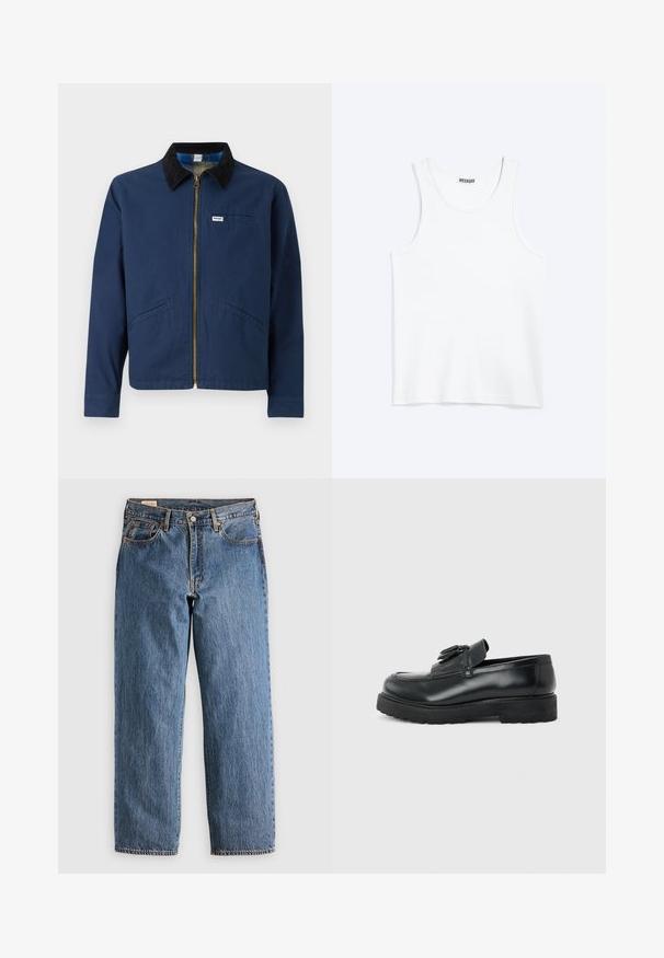 Marineblaue Jacke mit einem Cordkragen, vorderem Reißverschluss, zwei seitlichen Taschen und einem kleinen Markenetikett auf der Brust. Textur aus Baumwollstoff.; Weißes ärmelloses Tanktop mit rundem Ausschnitt und Weekday-Markenetikett auf der Innenseite des hinteren Kragens, flach auf hellem Hintergrund dargestellt.; Blaue Jeans aus Denim mit geradem Schnitt, hohem Bund, kupfernen Nieten und orangefarbener Naht. Mit Vorder- und Hintertaschen.; Schwarzer Leder-Slipper mit Quasten, dicke Gummisohle und niedrigem Absatz, im Seitenprofil vor einem einfarbigen Hintergrund gezeigt.