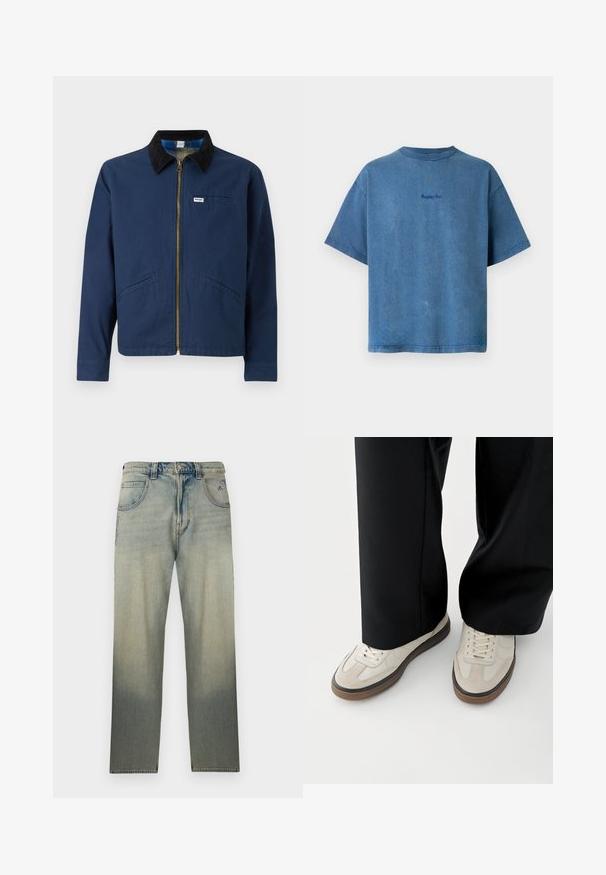 Chaqueta azul marino con cuello de pana, cremallera frontal, dos bolsillos laterales y una pequeña etiqueta de la marca en el pecho. Textura de tela de algodón.; Camiseta de algodón azul con mangas cortas, un cuello redondo y un pequeño logotipo de "Replay Inc." en negro en la parte posterior. Textura suave.; Vaqueros de mezclilla de pierna recta con efecto desgastado, cinco bolsillos, cierre de botón y detalles sutílmente cosidos cerca de los bolsillos delanteros.; Pies con zapatillas beige con suelas marrones y pantalones negros de pierna ancha sobre un fondo blanco.