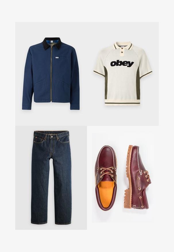 Marineblå jakke med fløjlskrave, frontlynlås, to sidelommer og et lille mærke på brystet. Bomuldsstofstruktur.; Beige polo-shirt med korte ærmer, grønne sidepaneler, stribet krave og manchetter, knapstolpe og "obey"-logo i sort på forsiden.; Mørkeblå denimjeans med en lige ben-snit. Har fem lommer, kontrastsyning og knaplukning i taljen.; Bordeaux lædersko med brune gummisåler, rund tå, hvid syning og gyldne snøringer. Indersiden har et gult for.