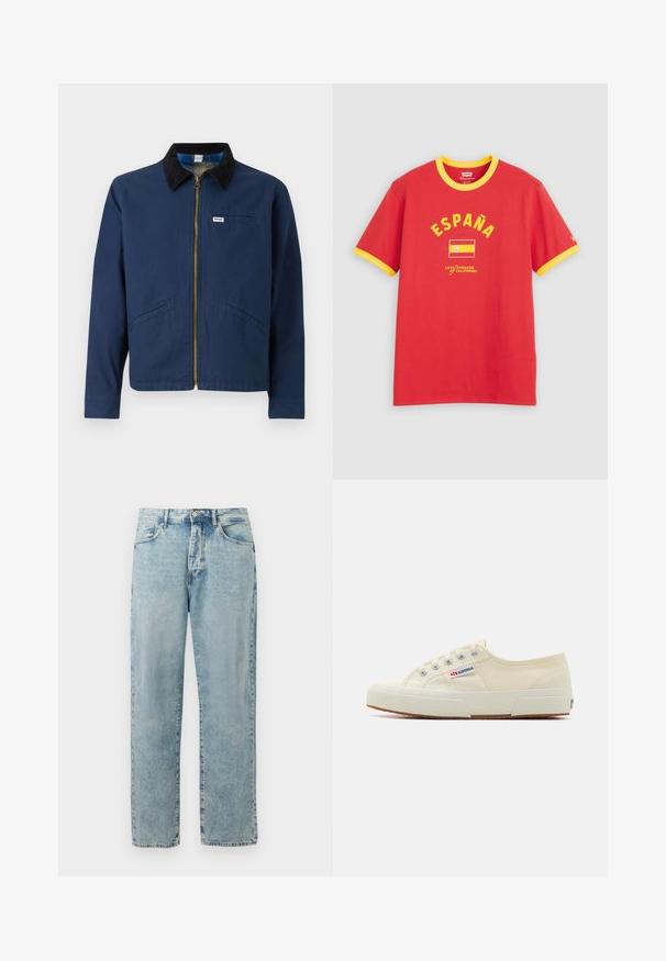 Veste bleu marine avec un col en velours côtelé, fermeture éclair à l'avant, deux poches latérales et une petite étiquette de marque sur la poitrine. Texture en coton.; T-shirt rouge avec col et bords de manches jaunes, avec le texte « ESPAÑA », le drapeau espagnol et le logo Levi Strauss California sur le devant.; Jean en denim bleu clair à jambes droites, avec fermeture par bouton et zip, poches avant et un léger délavage subtil.; Baskets en toile beige au design épuré, œillets en métal et semelle en caoutchouc. Présente un motif texturé et un détail de logo sur le côté.