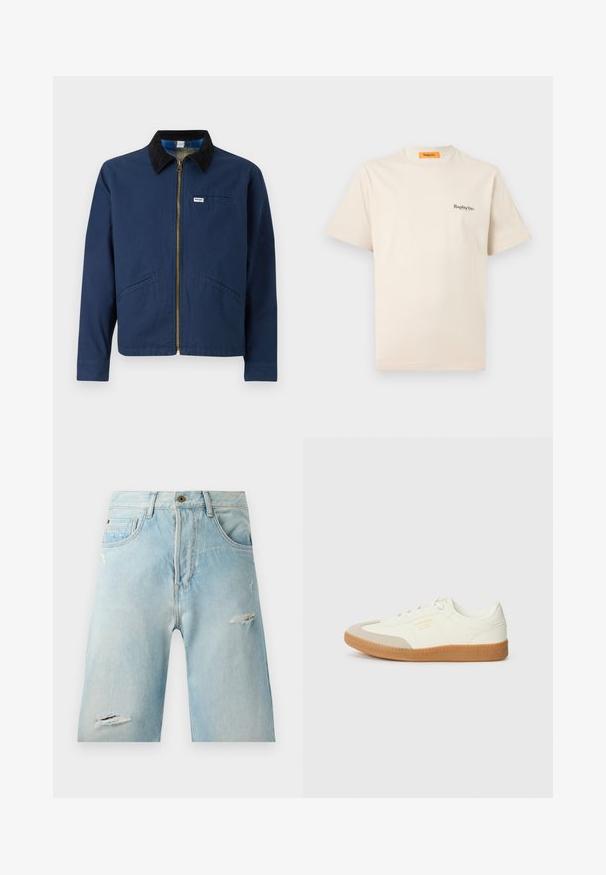 Námornícky modrá bunda s kordovou golierom, predným zipsom, dvoma bočnými vreckami a malou značkovou nálepkou na hrudi. Bavlnená textúra látky.; Replay Inc. ESSENTIAL LOGO UNISEX - Základné tričko - ivory; Svetlomodré denim šortky s voľným strihom, so zničenými prvkami, bočnými vreckami a s jedným uzáverom na vrchu.; Tenisky vyrobené z bielej kože s béžovou špičkou a svetlohnedou gumovou podrážkou. Majú ploché biele šnúrky a embosované logo na boku.
