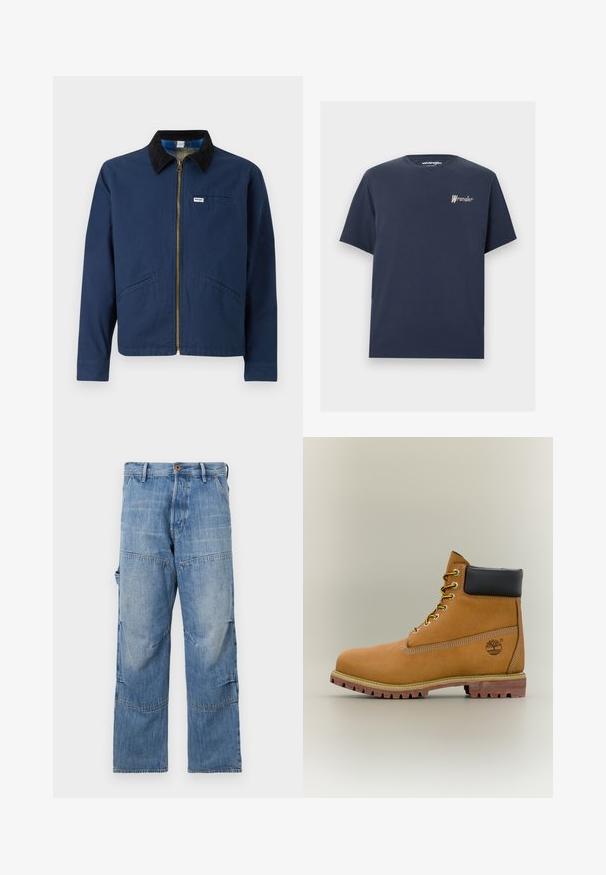 Marineblaue Jacke mit einem Cordkragen, vorderem Reißverschluss, zwei seitlichen Taschen und einem kleinen Markenetikett auf der Brust. Textur aus Baumwollstoff.; Marineblaues T-Shirt mit kurzen Ärmeln und Rundhalsausschnitt, mit kleinem Wrangler-Logo in Weiß und Braun auf der linken Brust gestickt.; Hellblaue Jeanshose mit weitem Bein, ausgebleichten Bereichen und aufgenähten Nähten. Mit einem Knopf- und Reißverschluss vorne sowie seitlichen Taschen.; Brauner Leder-Stiefelette mit schwarzem Kragen, gelben Schnürsenkeln und hellbrauner Sohle. Verfügt über ein Logo und weiße Ziernähe. Robuste Profilsohle.