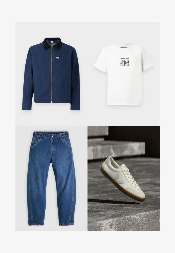 Marineblaue Jacke mit einem Cordkragen, vorderem Reißverschluss, zwei seitlichen Taschen und einem kleinen Markenetikett auf der Brust. Textur aus Baumwollstoff.; Weißes T-Shirt mit kurzen Ärmeln, das eine kleine Grafik von fünf gehenden Flugbegleitern der Pan Am und das Pan Am-Logo in Blau zeigt.; Blaue Denim-Jeans mit lockerer Passform, ausgestattet mit Knopfverschluss, fünf Taschen und kontrastierenden orangefarbenen Nähten. Durchgehend glatte Textur.; Weiße Leder-Sneaker mit beige-gummiartiger Sohle, flachen Schnürsenkeln und V-förmigem Akzent an der Seite. Verfügt über eine glatte Oberfläche und minimale Nahtdetails.