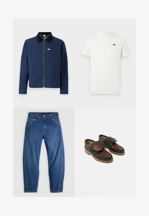 Marineblauwe jas met een corduroy kraag, voorrits, twee zijzakken en een klein merkembleem op de borst. Katoenen stof structuur.; Witte korte mouwen T-shirt met ronde hals en een klein rood-oranje logo op de linkerborst, tegen een effen achtergrond.; Blauwe spijkerbroek met een ontspannen pasvorm, voorzien van een knoopsluiting, vijf zakken en contrasterende oranje stiksels. Gladde textuur over het hele oppervlak.; Leren schoenen met een donkergroene body en een wijnrode bovenkant, een ronde neus, een beveiligde klep en een gestructureerde rubberen zool met groeven.