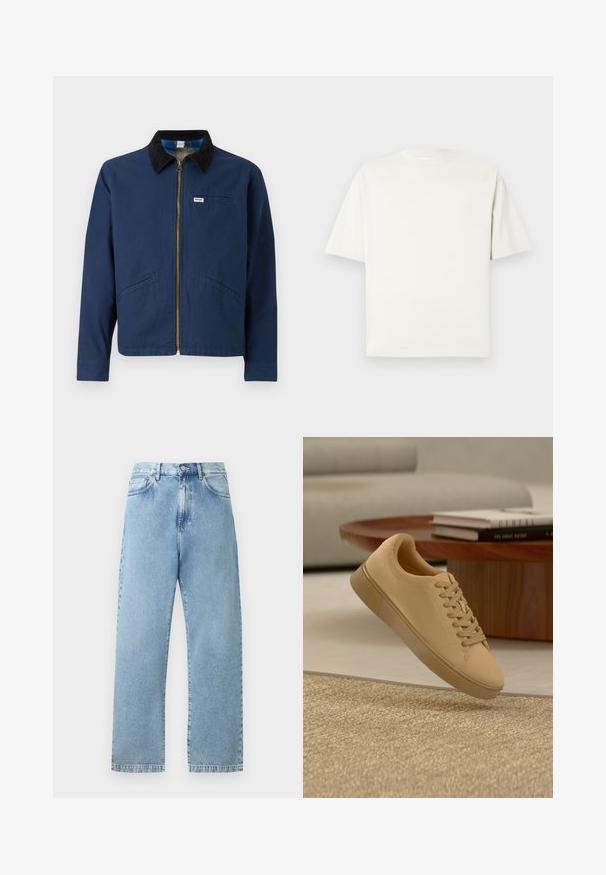 Marineblaue Jacke mit einem Cordkragen, vorderem Reißverschluss, zwei seitlichen Taschen und einem kleinen Markenetikett auf der Brust. Textur aus Baumwollstoff.; Ein schlichtes, weißes T-Shirt mit kurzen Ärmeln und Rundhalsausschnitt in lässiger Passform, präsentiert auf einem hellgrauen Hintergrund.; Hellblaue Jeans mit hoher Taille und geradem Bein, mit vorderen Taschen, Gürtelschlaufen, Knopfverschluss und sichtbaren Nähten vor neutralem Hintergrund.; Beiger geschnürter Sneaker, der über einem strukturierten Teppich mit Holzcouchtisch und gestapelten Büchern im verschwommenen Hintergrund schwebt.
