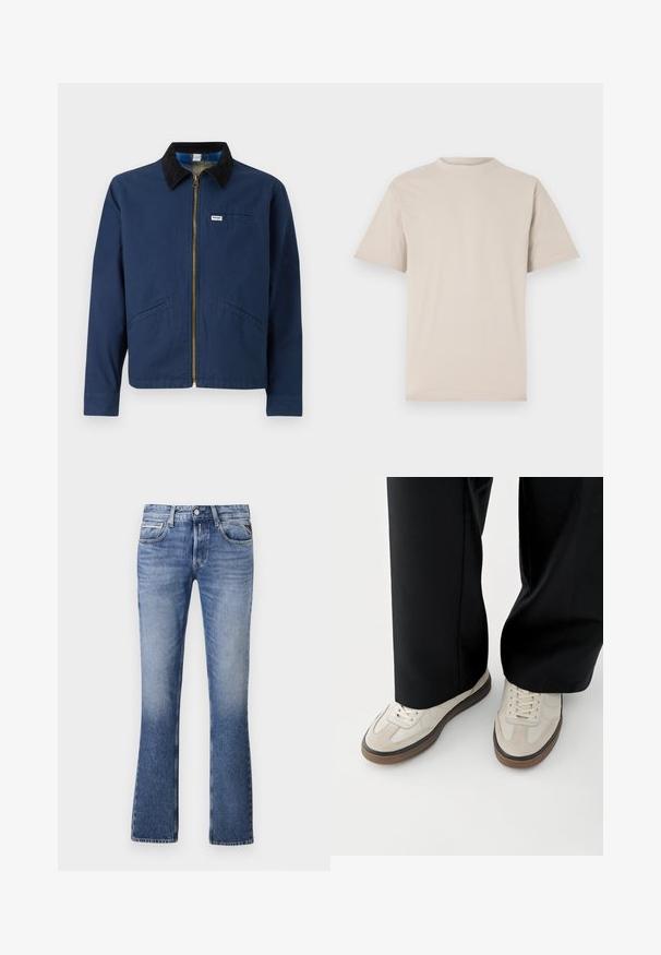Marineblå jakke med fløjlskrave, frontlynlås, to sidelommer og et lille mærke på brystet. Bomuldsstofstruktur.; Beige kortærmet t-shirt med rund hals, lavet af glat bomuldsstof, med en afslappet pasform og uden synlige mønstre eller udsmykninger.; Lyseblå denimjeans med en udvidet ben-design, der har fem lommer, en knaplukning foran og diskret falmning overalt.; Fødder iført beige sneakers med brune såler og sorte bukser med vide ben på hvid baggrund.