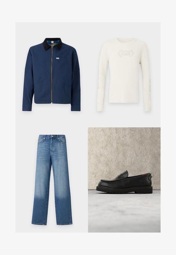 Veste bleu marine avec un col en velours côtelé, fermeture éclair à l'avant, deux poches latérales et une petite étiquette de marque sur la poitrine. Texture en coton.; T-shirt à manches longues en coton côtelé crème avec "DODGE DEMON" brodé sur le devant et des graphismes imprimés sur la manche droite. Texture douce.; Jean droit taille haute bleu avec des dégradés au niveau des cuisses et une teinte plus foncée près des ourlets, avec un bouton avant et des poches visibles.; Mocassin en cuir noir avec semelle robuste et doublure intérieure rouge, positionné en suspension au-dessus d'un tapis beige et près d'un meuble en bois.
