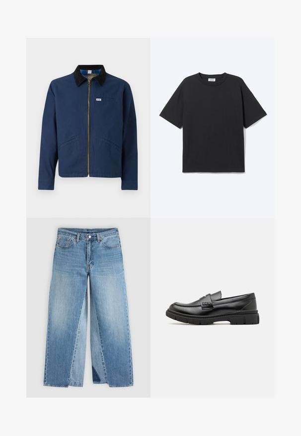 Marineblaue Jacke mit einem Cordkragen, vorderem Reißverschluss, zwei seitlichen Taschen und einem kleinen Markenetikett auf der Brust. Textur aus Baumwollstoff.; Schwarzes T-Shirt mit kurzen Ärmeln und Rundhalsausschnitt in lockerer Passform, Vorderansicht, schlichtes Design und sichtbares Weekday-Label im Krageninneren.; Jeans mit geradem Bein aus blauem Denim, klassischem Fünf-Taschen-Design und vorderem Knopfverschluss, flach auf neutralem Hintergrund dargestellt.; Schwarze Lederloafer mit einem breiten Riemen über dem Rist, Gummisohle mit dicken Profilen und glatter Textur. Klassisches, schlankes Design.