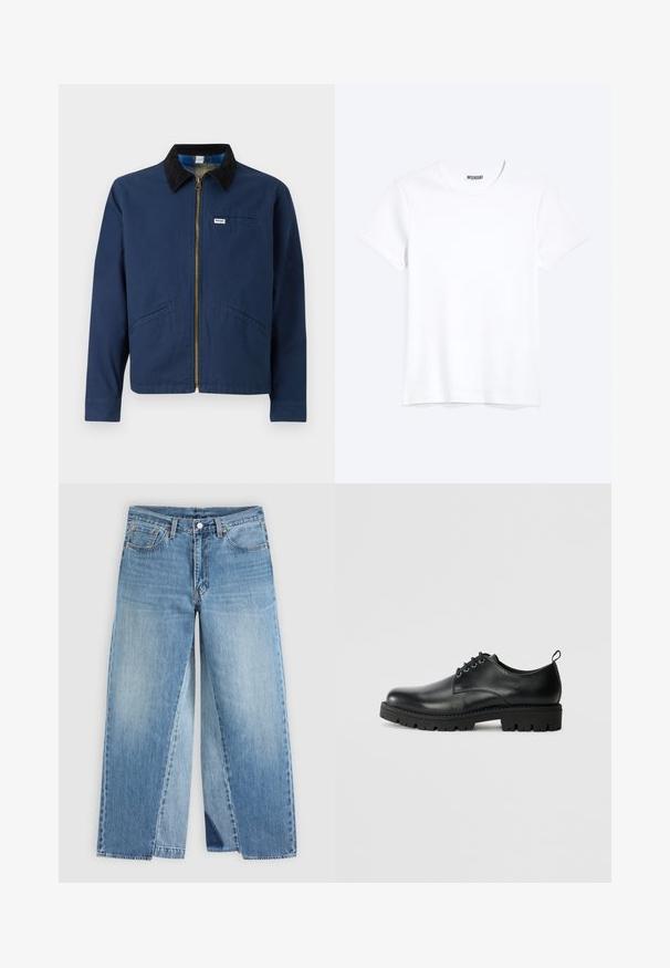 Marineblaue Jacke mit einem Cordkragen, vorderem Reißverschluss, zwei seitlichen Taschen und einem kleinen Markenetikett auf der Brust. Textur aus Baumwollstoff.; Schlichtes weißes T-Shirt mit kurzen Ärmeln und Rundhalsausschnitt mit gut sichtbarem WEEKDAY-Label am Kragen, dargestellt auf hellem Hintergrund.; Jeans mit geradem Bein aus blauem Denim, klassischem Fünf-Taschen-Design und vorderem Knopfverschluss, flach auf neutralem Hintergrund dargestellt.; Schwarze Lederschuhe mit runder Zehenform, ausgestattet mit einer Schnürung, robustem schwarzen Gummisohle und einer kleinen Fersenschlaufe auf der Rückseite.