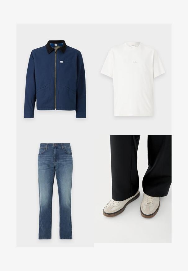 Marineblaue Jacke mit einem Cordkragen, vorderem Reißverschluss, zwei seitlichen Taschen und einem kleinen Markenetikett auf der Brust. Textur aus Baumwollstoff.; Weißes Baumwoll-T-Shirt mit Rundhalsausschnitt, kurzen Ärmeln und einem kleinen Logo-Aufdruck auf der Vorderseite. Glatte Textur und lässige Passform.; Denim-Jeans in einer mittelblauen Waschung mit geradem Bein, fünf Taschen und einem klassischen Knopf- und Reißverschlussverschluss. Verwaschene Details an den Oberschenkeln.; Füße mit beigen Sneakers mit braunen Sohlen und schwarzen Hosen mit weitem Bein auf weißem Hintergrund.