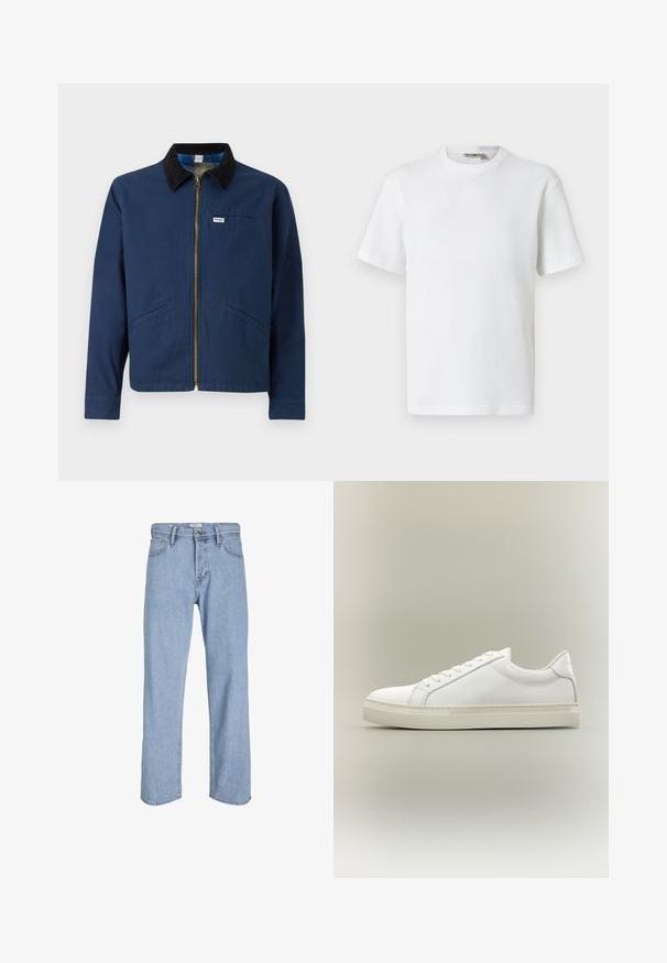 Chaqueta azul marino con cuello de pana, cremallera frontal, dos bolsillos laterales y una pequeña etiqueta de la marca en el pecho. Textura de tela de algodón.; Camiseta blanca de manga corta con cuello redondo y tejido de waffle, con una pequeña etiqueta de la marca en el interior del cuello, mostrada sobre un fondo liso.; Vaqueros de denim azul claro con corte recto, diseño de cinco bolsillos y cierre de botón metálico. Acabado desgastado con sutiles detalles de costura.; Zapatilla blanca de perfil bajo con cordones en la parte delantera y suela gruesa, mostrada de lado sobre un fondo neutro.