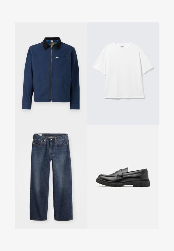 Marineblauwe jas met een corduroy kraag, voorrits, twee zijzakken en een klein merkembleem op de borst. Katoenen stof structuur.; Witte oversized T-shirt met korte mouwen, ronde hals en verlaagde schouders, plat op een lichtgrijze achtergrond.; Donkerblauwe spijkerbroek met een rechte pijp, vijf zakken, metalen knoop en rits, en subtiele wassingpatronen.; Zwarte leren instapper met een brede band over de voet, rubberen zool met dikke noppen en een gladde textuur. Klassiek, strak ontwerp.