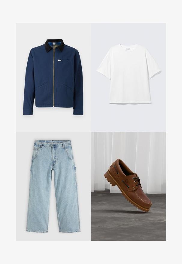 Marineblaue Jacke mit einem Cordkragen, vorderem Reißverschluss, zwei seitlichen Taschen und einem kleinen Markenetikett auf der Brust. Textur aus Baumwollstoff.; Weißes oversized T-Shirt mit kurzen Ärmeln und Rundhalsausschnitt mit eingesetzten Schultern, flach auf hellgrauem Hintergrund.; Hellblaue Jeans mit geradem Bein, Vordertaschen, Gürtelschlaufen, Knopfverschluss und einer seitlichen Werkzeugschlaufe.; Brauner Leder-Bootsschuh mit schwarzen Schnürsenkeln, beigen Nähten und einer robusten Sohle, schwebt über einem grauen Betonboden.