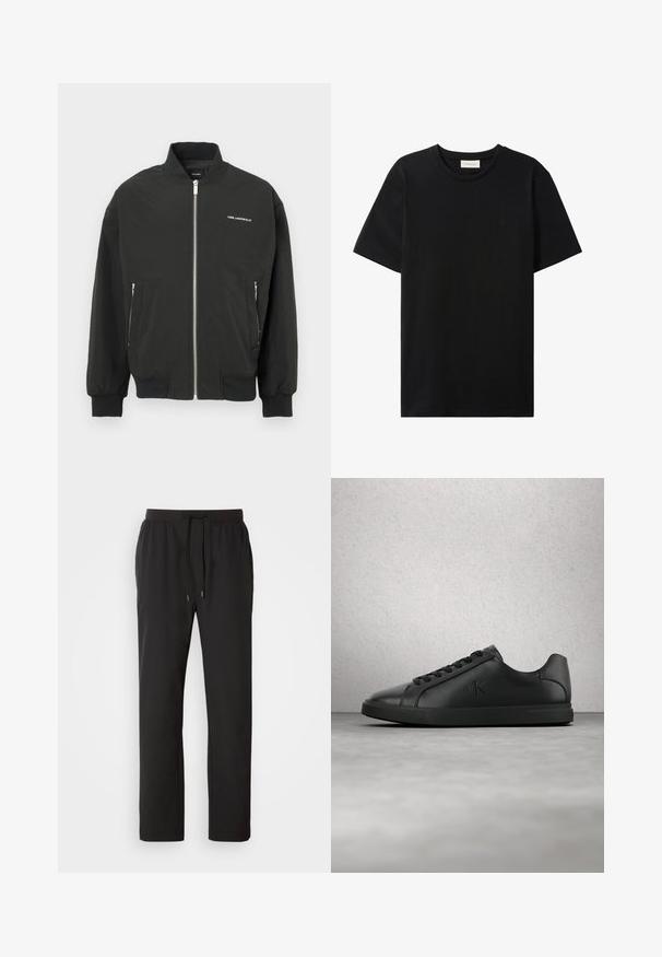 Veste bomber noire avec fermeture éclair à l'avant, deux poches latérales, poignets et ourlet côtelés, avec le logo blanc "KARL LAGERFELD" sur la poitrine.; T-shirt noir à manches courtes et col rond avec un logo subtil Calvin Klein Jeans sur la poitrine et une étiquette à l'intérieur de l'encolure.; Pantalons de jogging noirs en tissu léger, dotés d'une taille élastique avec cordons de serrage réglables et poches latérales. Texture lisse.; Baskets en cuir noir avec lacets et logo "ck" en relief flottant au-dessus d'un sol gris près d'un mur en verre brique.