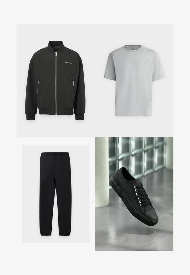 Veste bomber noire avec fermeture éclair à l'avant, deux poches latérales, poignets et ourlet côtelés, avec le logo blanc "KARL LAGERFELD" sur la poitrine.; T-shirt gris clair à manches courtes avec col rond et logo « Calvin Klein » embossé centré sur la poitrine.; Pantalon noir à taille élastique avec poignets élastiqués, jambes droites et sans poches visibles, présenté sur un fond uni clair.; Baskets basses noires avec motif texturé, semelle et lacets noirs, flottant au-dessus d'un sol en béton poli près de blocs de verre.