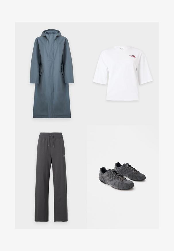 Manteau long à capuche en matériau gris ardoise, durable et résistant à l'eau. Comprend une coupe droite, des manches larges et un design minimaliste sans attaches visibles.; T-shirt blanc à manches courtes, col rond, avec un petit logo "The North Face" bordeaux sur la partie supérieure gauche de la poitrine.; Pantalon de survêtement gris foncé à jambes larges avec taille élastique côtelée et cordon, arborant un petit logo blanc sur la cuisse droite.; Baskets de sport en suède noir avec une surface texturée, un design arrondi et des semelles en caoutchouc. Elles sont dotées de lacets et de rayures horizontales sur les côtés.