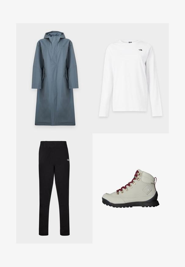 Manteau long à capuche en matériau gris ardoise, durable et résistant à l'eau. Comprend une coupe droite, des manches larges et un design minimaliste sans attaches visibles.; T-shirt blanc à manches longues avec col rond et petit logo noir The North Face sur le côté gauche de la poitrine.; Leggings de sport noirs ajustés avec une taille haute et un petit logo blanc The North Face sur le haut de la cuisse gauche.; Botte de randonnée beige avec des lacets rouges, des œillets en métal et une surface texturée. Elle possède une semelle noire robuste et un détail de logo distinct sur le côté.