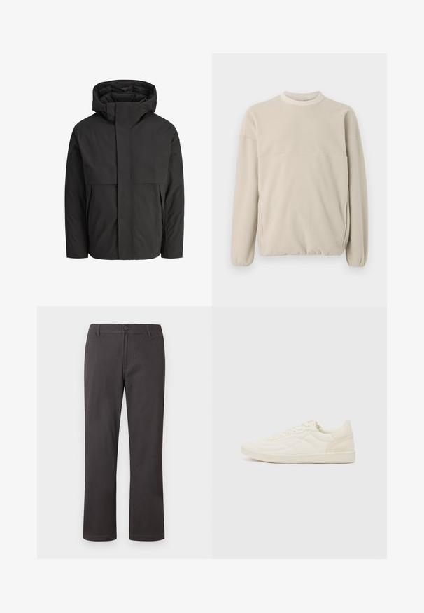 Zwarte jas met een hoge, gestructureerde kraag, eenvoudig ontwerp, voorrits en twee zijzakken. Gemaakt van soepel, lichtgewicht materiaal.; Lichtbeige fleece sweatshirt met een ronde hals, elastische mouwen en een zak aan de voorkant. Zachte textuur, losse pasvorm en minimalistisch ontwerp.; Donkergrijze broek met rechte pijpen, knoopsluiting, riemlussen en subtiele frontale stiksels op een witte achtergrond.; ALDO THEPITCH - Sneakers laag - white