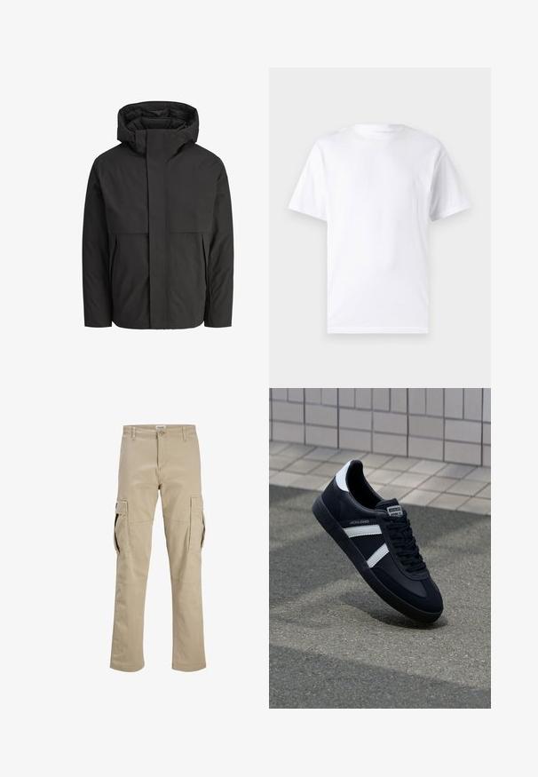 Sort jakke med en høj, struktureret krave, enkelt design, frontlynlås og to sidelommer. Fremstillet af glat, let materiale.; Hvid kortærmet t-shirt lavet af bomuld med rund hals, der har en glat tekstur og et simpelt design uden mønstre eller accenter.; Beige cargobukser med knaplukning, bæltestropper og store klapkroge på begge lår, vist fladt på en hvid baggrund.; Sort lædersneaker med hvide striber, tekstureret gummisål og snørrebånd foran. Har et brandet mærke på tungen.