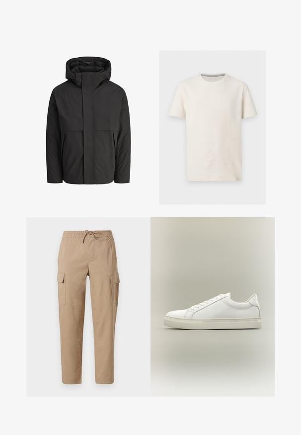 Zwarte jas met een hoge, gestructureerde kraag, eenvoudig ontwerp, voorrits en twee zijzakken. Gemaakt van soepel, lichtgewicht materiaal.; T-shirt van getextureerde off-white katoen met korte mouwen, ronde hals en subtiel logo op de linkerborst, weergegeven op een grijze achtergrond.; Beige cargobroek gemaakt van katoen, met een elastische tailleband en een trekkoord, twee zijzakken en een relaxed fit.; Witte lage sneaker met veters aan de voorkant en dikke zool, zijaanzicht tegen een neutrale achtergrond.