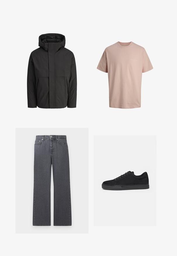 Zwarte jas met een hoge, gestructureerde kraag, eenvoudig ontwerp, voorrits en twee zijzakken. Gemaakt van soepel, lichtgewicht materiaal.; Lichtroze katoenen T-shirt met korte mouwen, ronde hals en klein wit "ORIGINALS"-tekst op de linkerborst.; Donkere grijze denim jeans met rechte pijpen en hoge taille, voorzien van knopen aan de voorkant, rits en een ontwerp met vijf zakken, afgebeeld tegen een witte achtergrond.; Zwarte lage sneaker met veterluiting aan de voorkant en platte rubberen zool, zijaanzicht op een witte achtergrond.