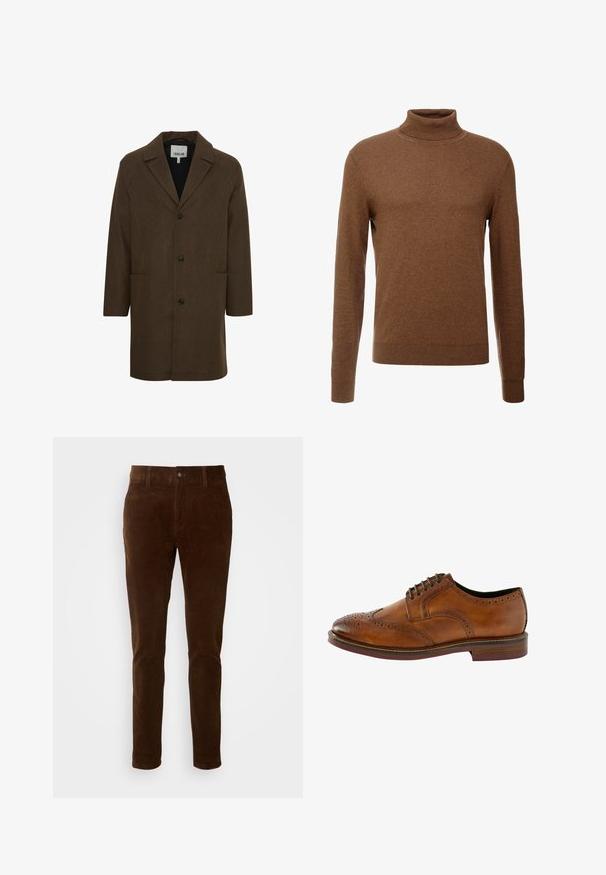 Manteau en mélange de laine marron avec un col à revers, des boutons à l'avant et des poches latérales. Présente des épaules structurées et une coupe droite.; Pull en col roulé marron en tissu doux, avec des manches longues, des poignets côtelés et une coupe ajustée sans motifs visibles.; Pantalon en velours côtelé marron avec une coupe droite, doté d'une fermeture à bouton et d'une texture de côtes verticales discrètes.; Chaussure en cuir brun à lacets avec des détails en brogue, bout arrondi et semelle contrastante. Présente des accents cousus et une surface texturée.