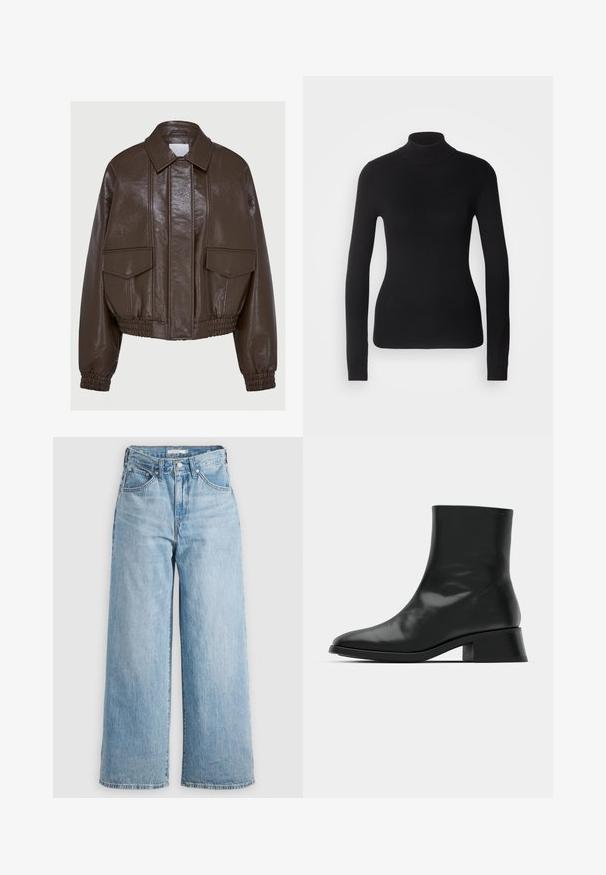 Brun kunstlæder cropped jakke med krave, elastiske manchetter, to frontlommer og dekorative syninger.; Sort turtleneck sweater lavet af let strikket stof. Har lange ærmer, et tætsiddende design og en blød ribbet tekstur.; Lys blå brede jeans med høj talje, lavet af denim stof. Har et klassisk fem-lomme design og metalhardware.; Sort ankelstøvle lavet af blank læder, med et strømlinet design, spids tå og en moderat blokhælhøjde for stabilitet.